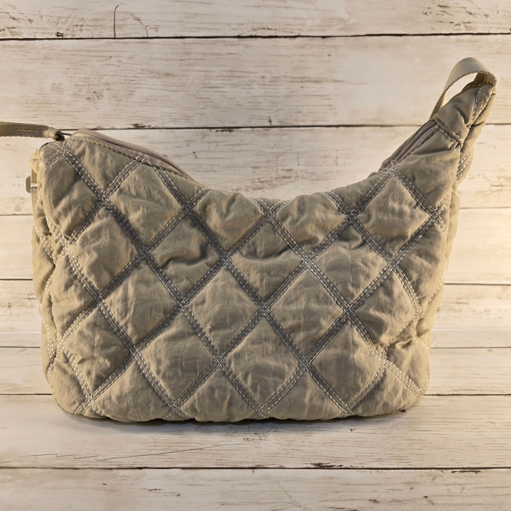 Quilted Nylon Crossbody‎ Bag Taupe Gray Diamond Stitch Puffer Hobo Shoulder Bag - Picture 4 of 4